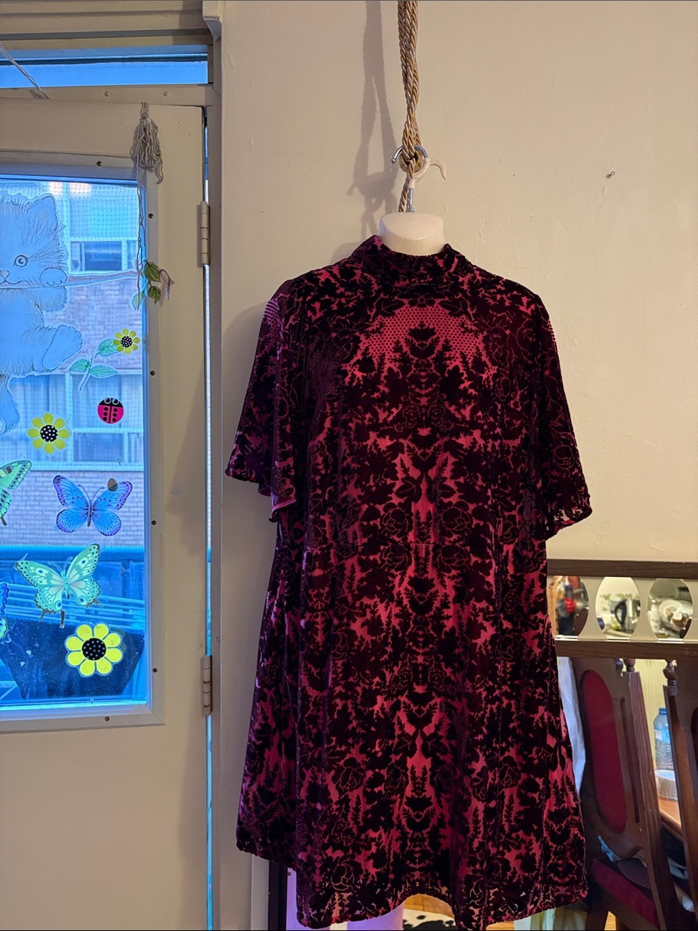 Anthropologie Velvet Burnout Mini Dress in Magenta and Black Damask